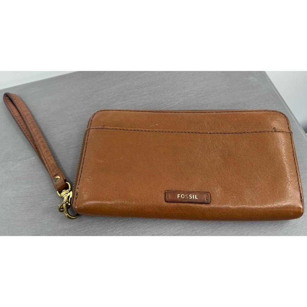 Vintage Brown Brown Leather Fossil Ladies Wallet 8x4 Zip Around Wristlet‎